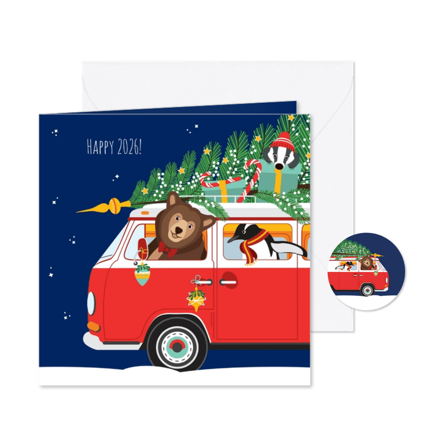 Gelukkig nieuwjaar voor iedereen vanuit een gezellige VW-bus - Kaartimpressie