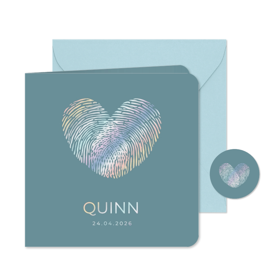 Gender neutraal geboortekaartje met 2 vingerafdrukken hart - Kaartimpressie