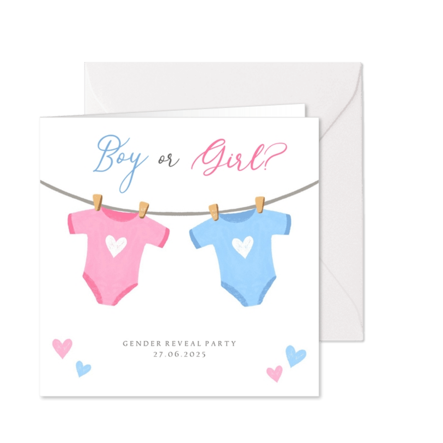 Gender reveal party uitnodiging met rompers en hartjes - Kaartimpressie