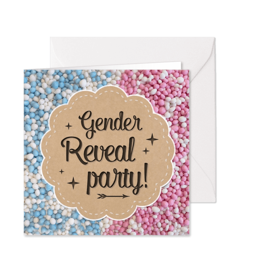 Gender reveal party uitnodiging met roze en blauwe muisjes - Kaartimpressie