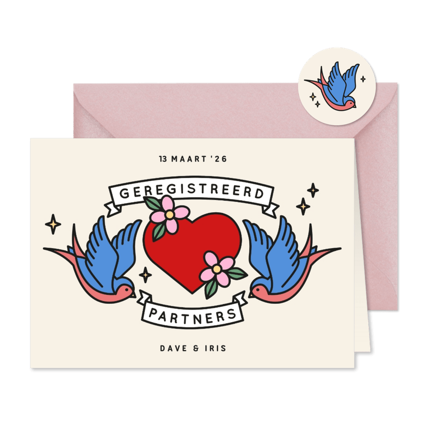 Geregistreerd partners kaart met tattoo style illustraties - Kaartimpressie