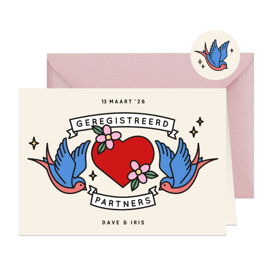 Geregistreerd partners kaart met tattoo style illustraties - Kaartimpressie