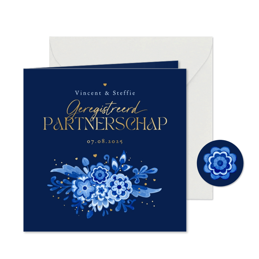 Geregistreerd partnerschap Delfts blauw donker bloemen - Kaartimpressie
