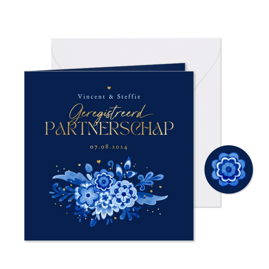 Geregistreerd partnerschap Delfts blauw donker bloemen  - Kaartimpressie