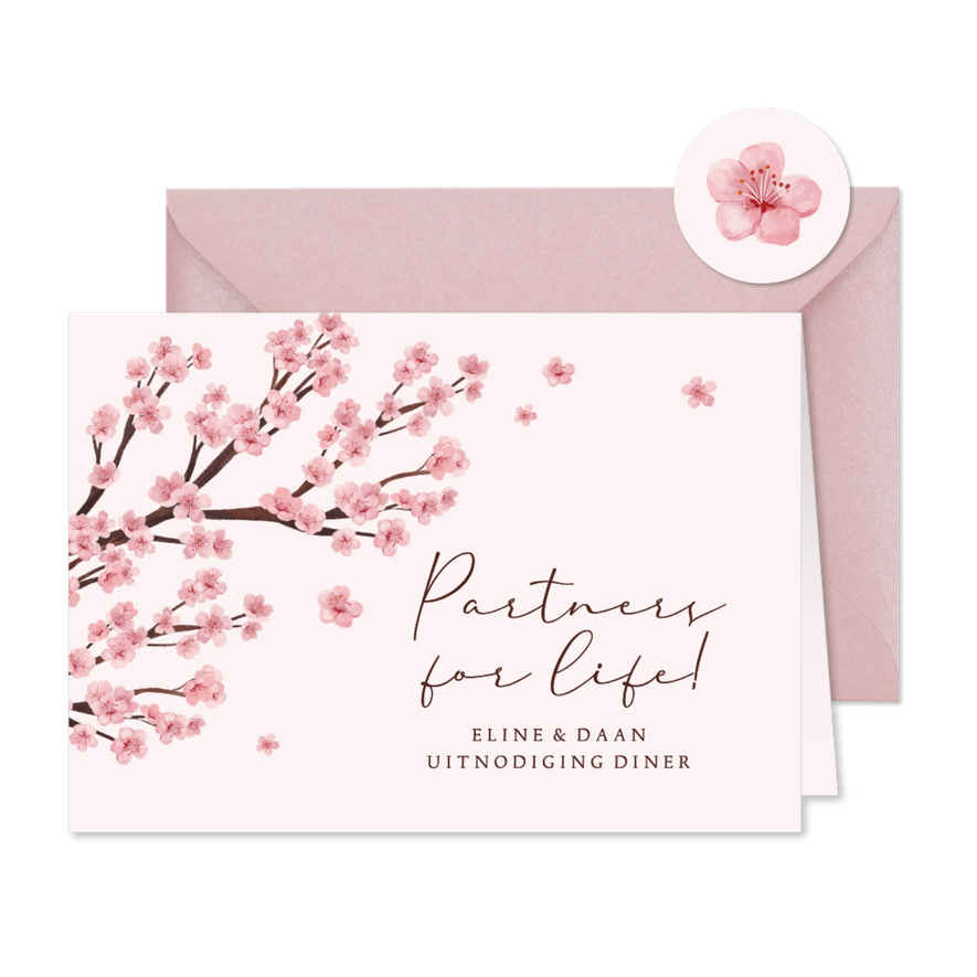 Geregistreerd partnerschap etentje lente bloesem - Kaartimpressie