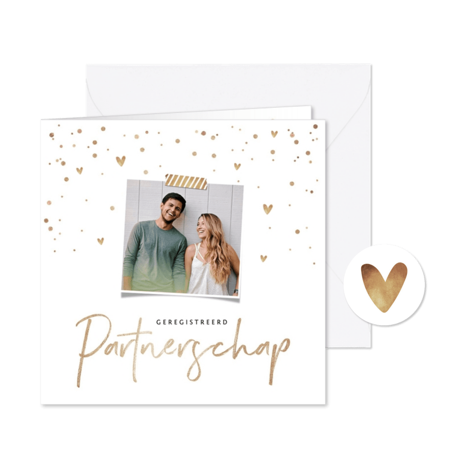 Geregistreerd partnerschap goud confetti uitnodiging - Kaartimpressie