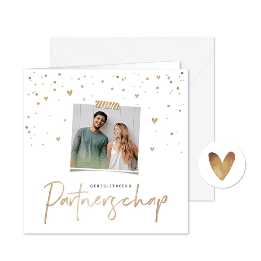 Geregistreerd partnerschap goud confetti uitnodiging - Kaartimpressie