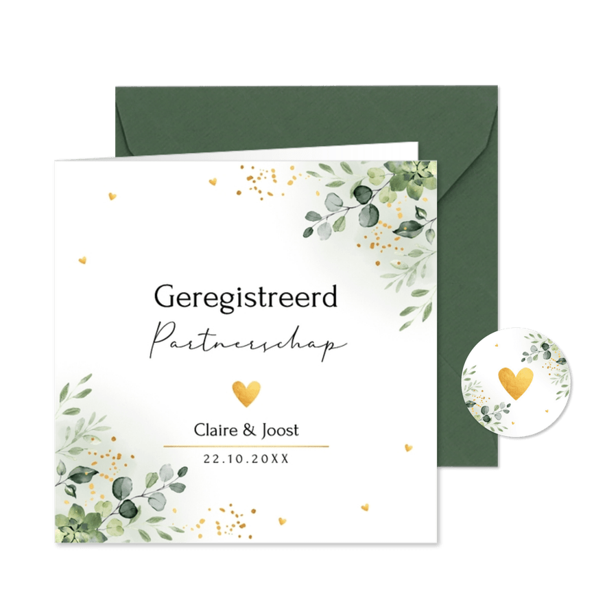 Geregistreerd partnerschap kaart uitnodiging groen botanisch - Kaartimpressie