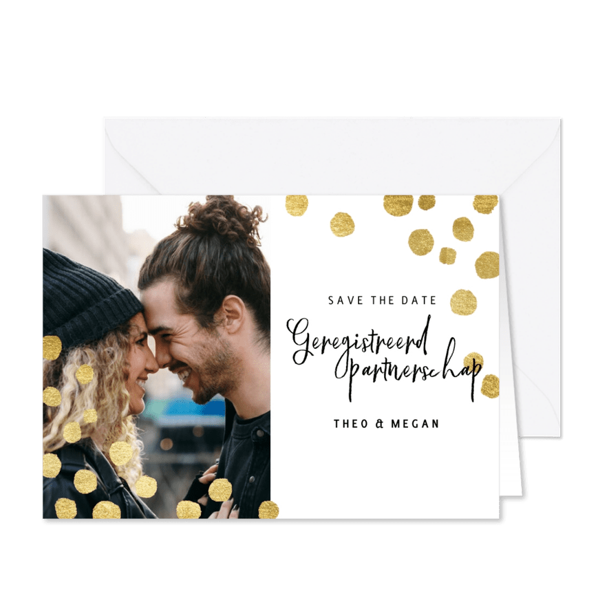 Geregistreerd partnerschap kerstkaart gouden confetti & foto - Kaartimpressie