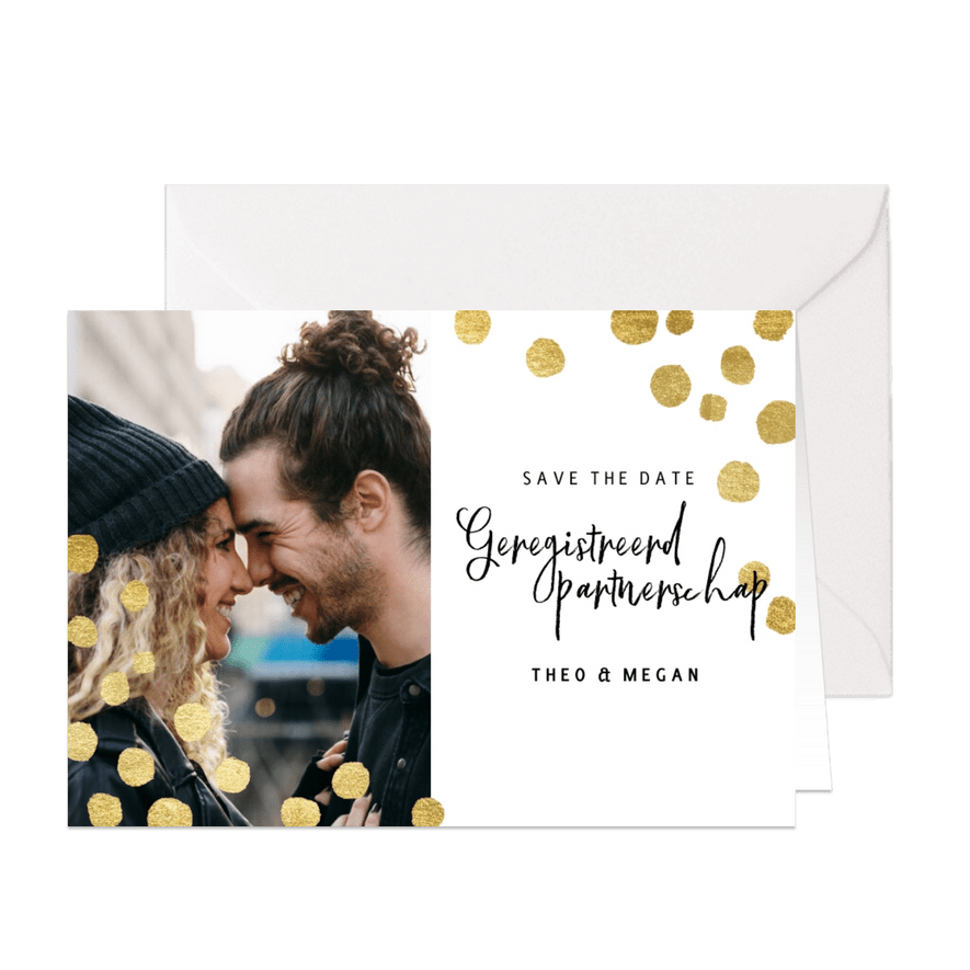 Geregistreerd partnerschap kerstkaart gouden confetti & foto - Kaartimpressie