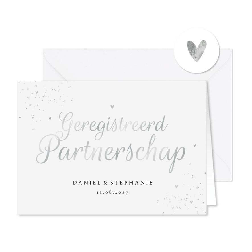 Geregistreerd partnerschap klassiek stijlvol zilver hartjes - Kaartimpressie