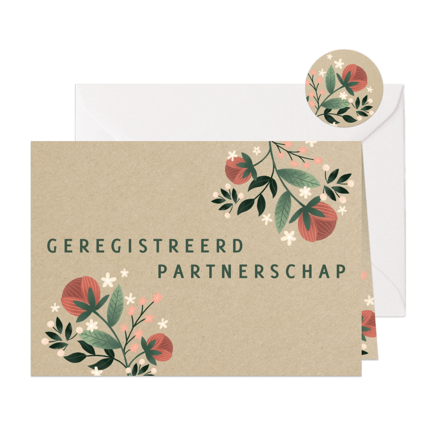 Geregistreerd partnerschap met kraft en bloemen - Kaartimpressie