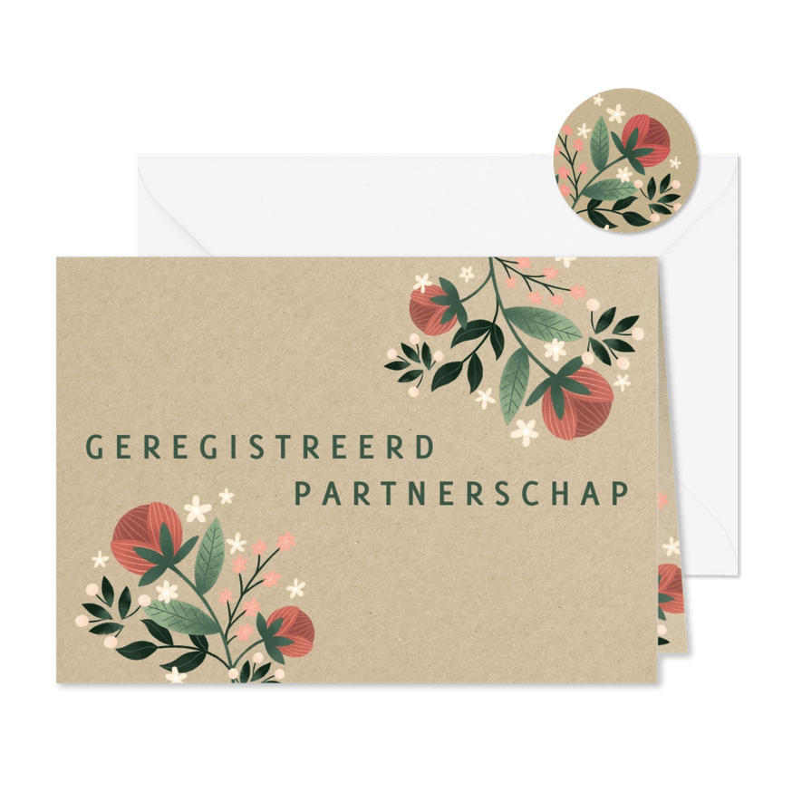 Geregistreerd partnerschap met kraft en bloemen - Kaartimpressie