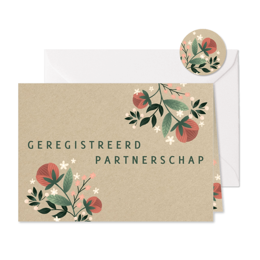 Geregistreerd partnerschap met kraft en bloemen - Kaartimpressie