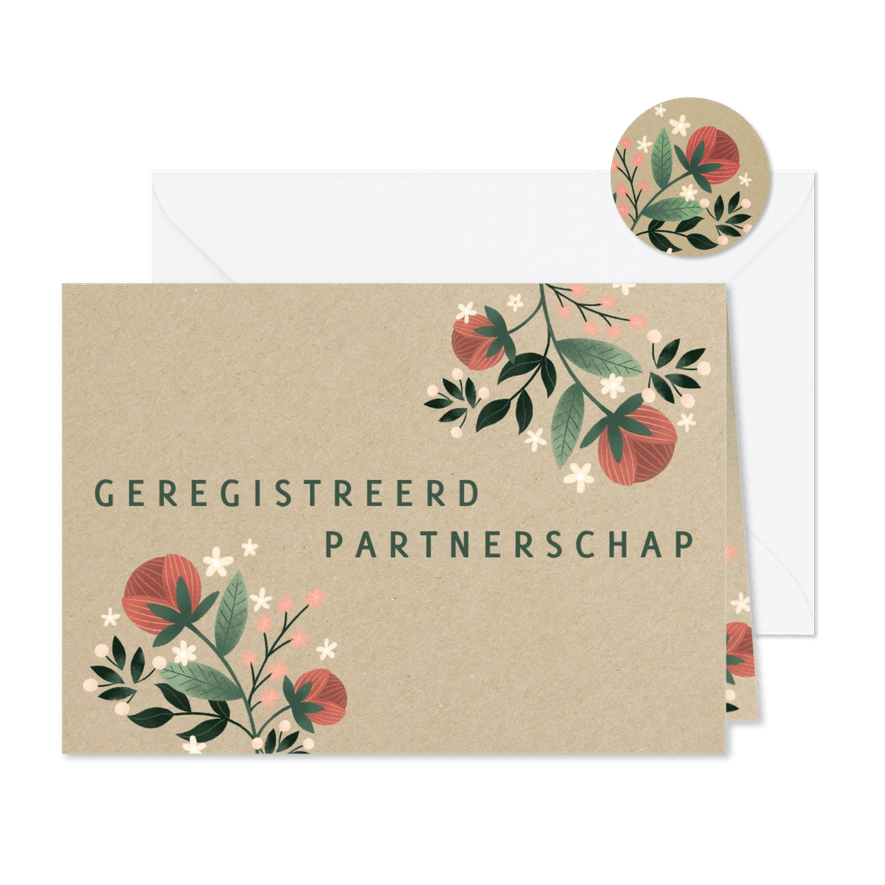 Geregistreerd partnerschap met kraft en bloemen - Kaartimpressie