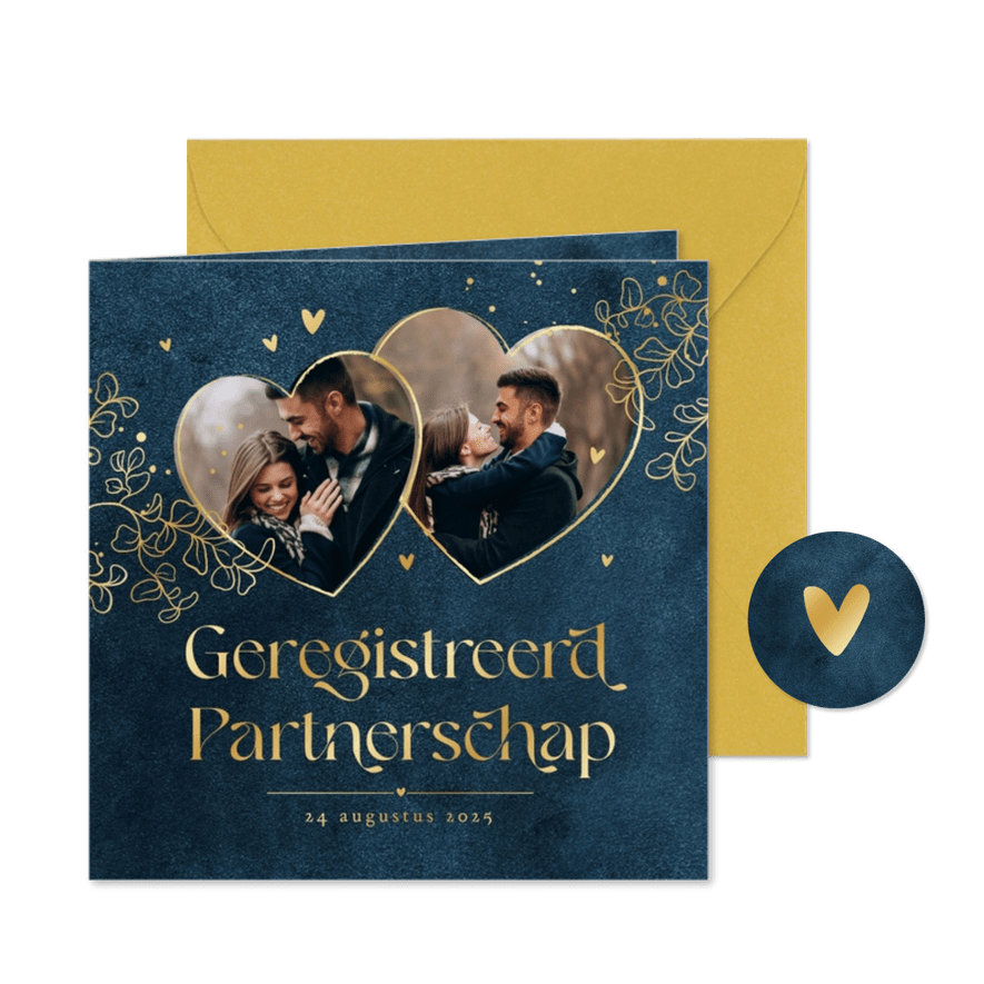 Geregistreerd partnerschap stijlvol goud hartjes blauw - Kaartimpressie