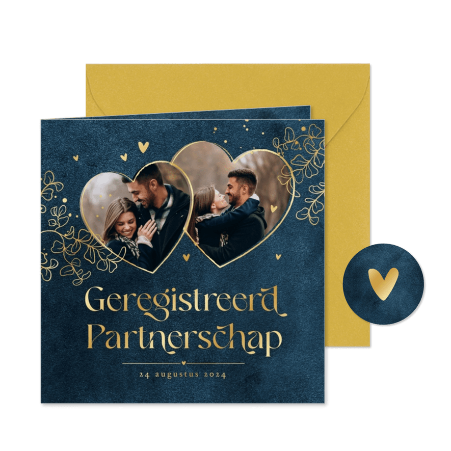 Geregistreerd partnerschap stijlvol goud hartjes blauw  - Kaartimpressie