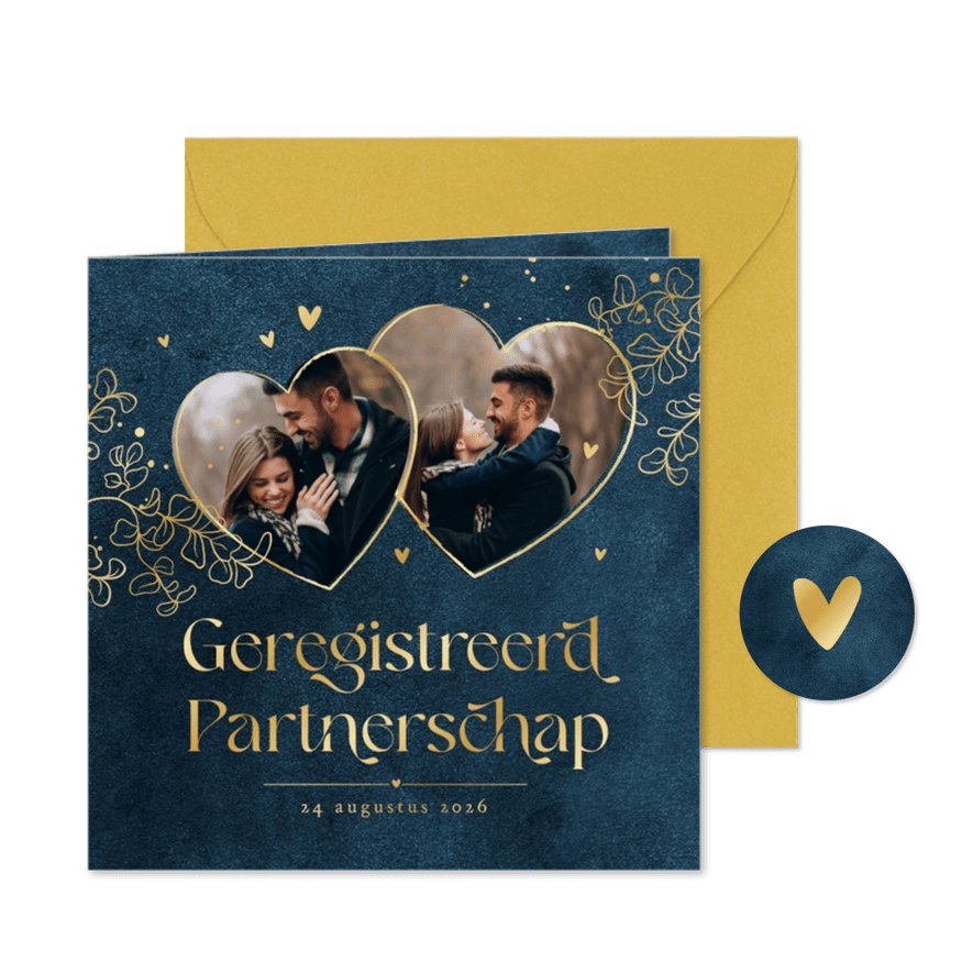 Geregistreerd partnerschap stijlvol goud hartjes blauw - Kaartimpressie