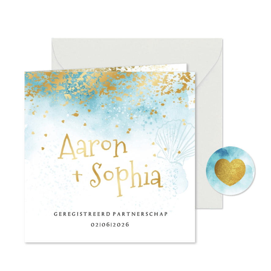 Geregistreerd partnerschap strand watercolour goud spetters - Kaartimpressie