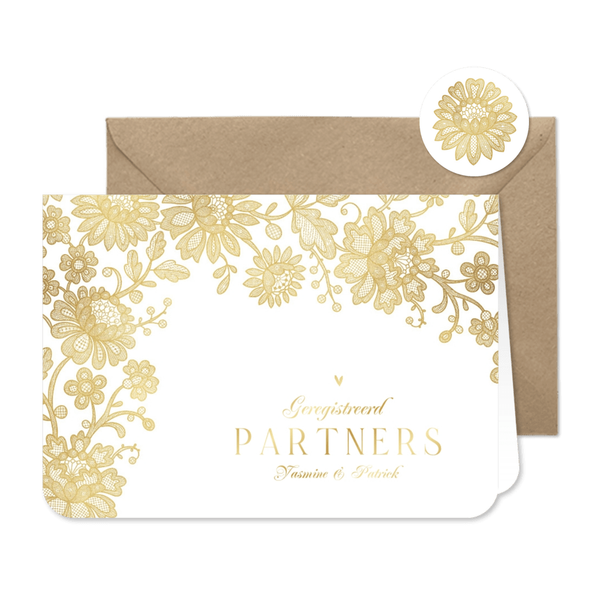 Geregistreerd partnerschap vintage kant goud bloemen hartjes - Kaartimpressie