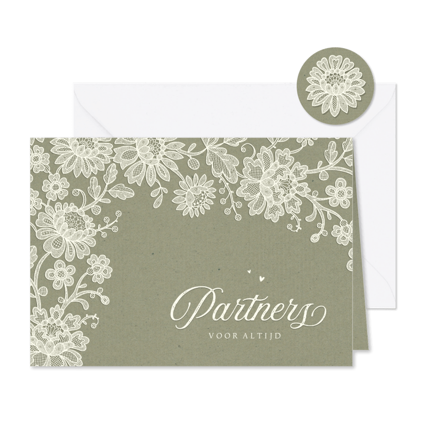 Geregistreerd partnerschap vintage kraft kant bloemen groen - Kaartimpressie