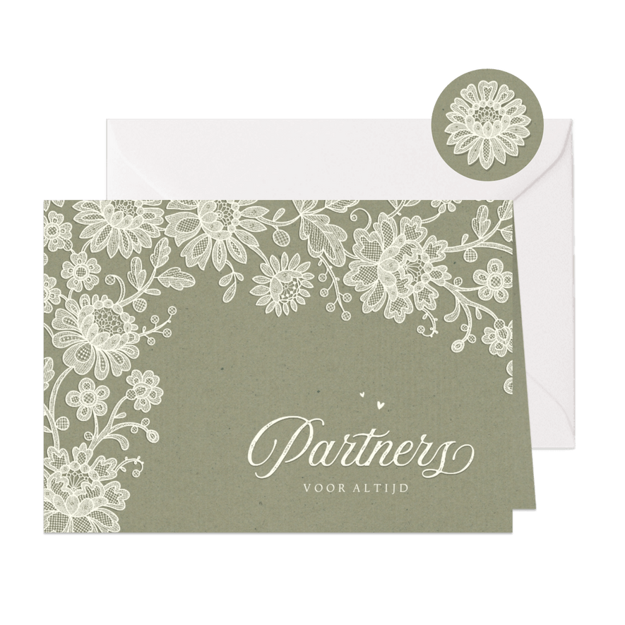 Geregistreerd partnerschap vintage kraft kant bloemen groen - Kaartimpressie