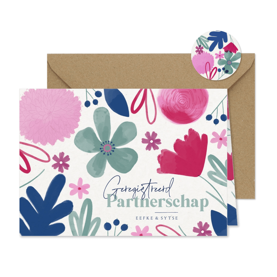 Geregistreerd partnerschap vrolijke zomer bloemen trouwkaart - Kaartimpressie