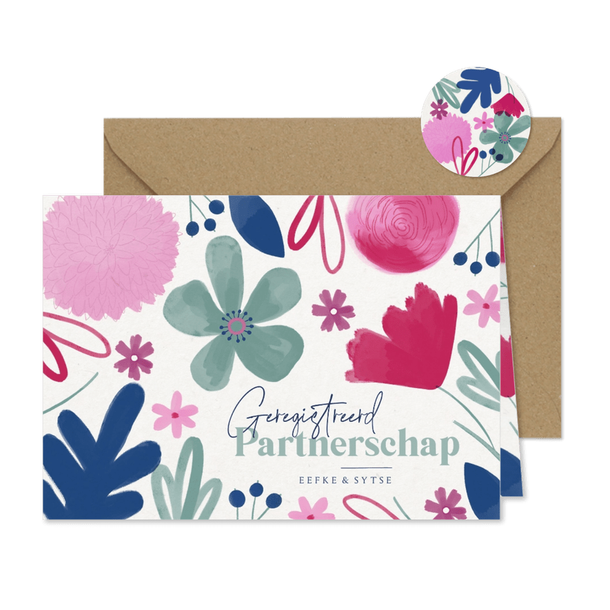 Geregistreerd partnerschap vrolijke zomer bloemen trouwkaart - Kaartimpressie