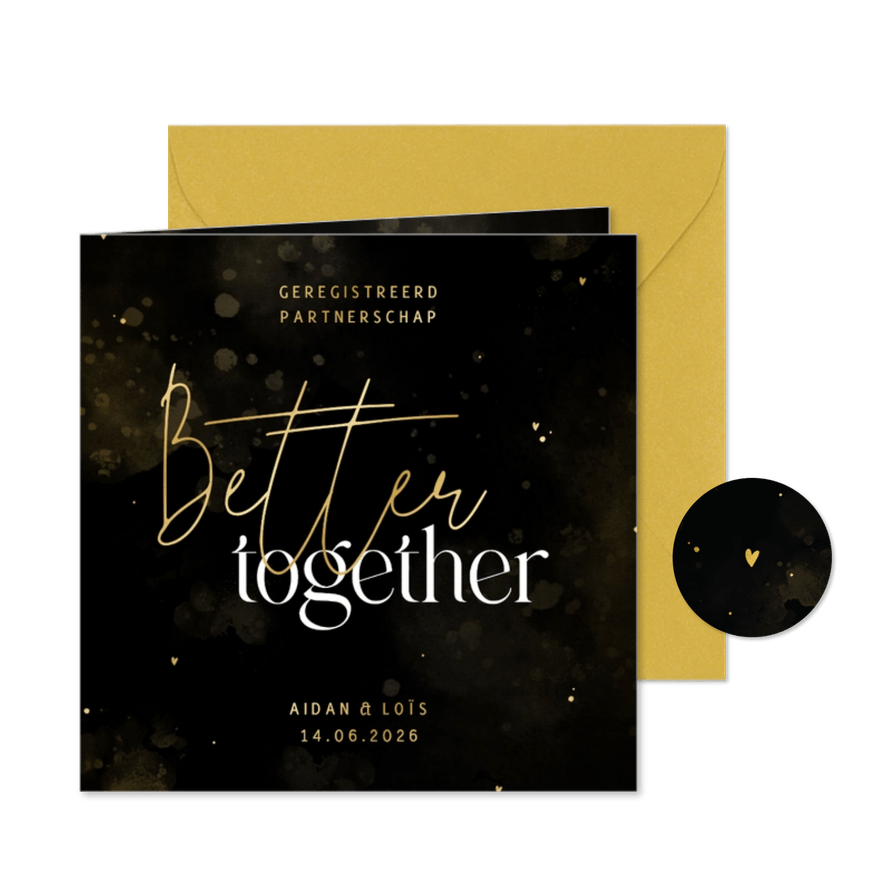 Geregistreerd partnerschap zwart goud hartjes en waterverf - Kaartimpressie