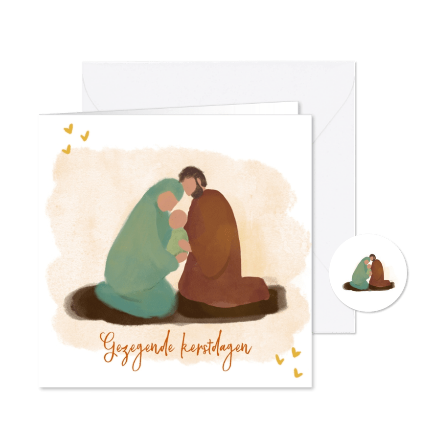 Geschilderde kerstkaart met Jozef, Maria en baby Jezus - Kaartimpressie