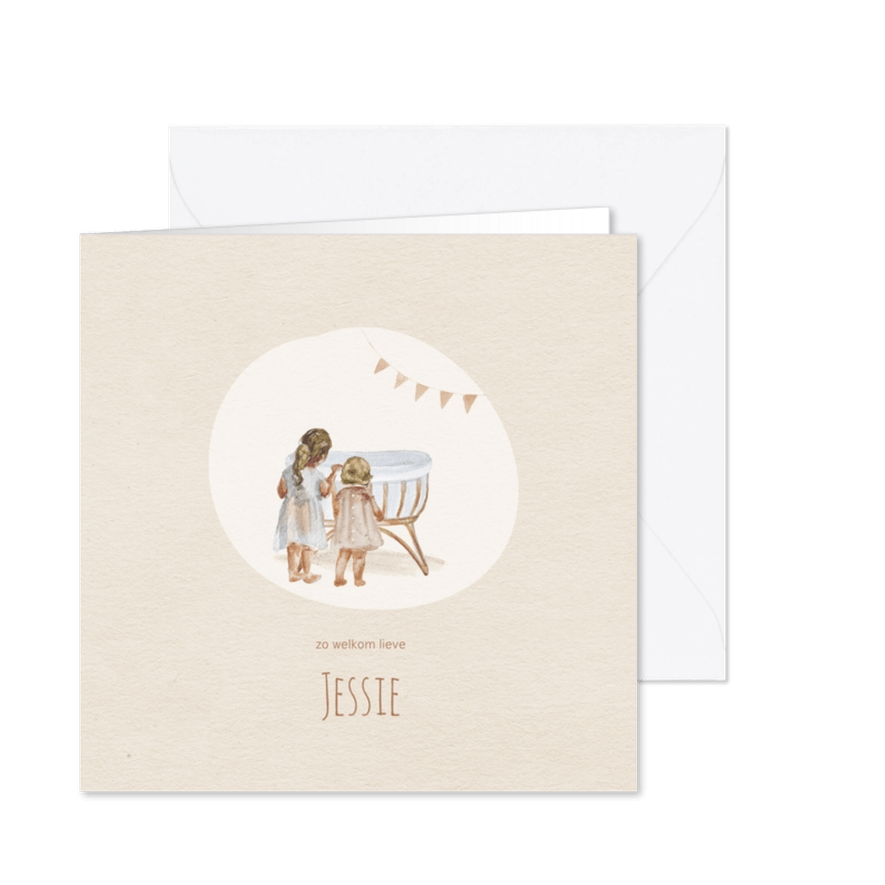 Getekend geboortekaartje derde kind zusjes bij wieg - Kaartimpressie