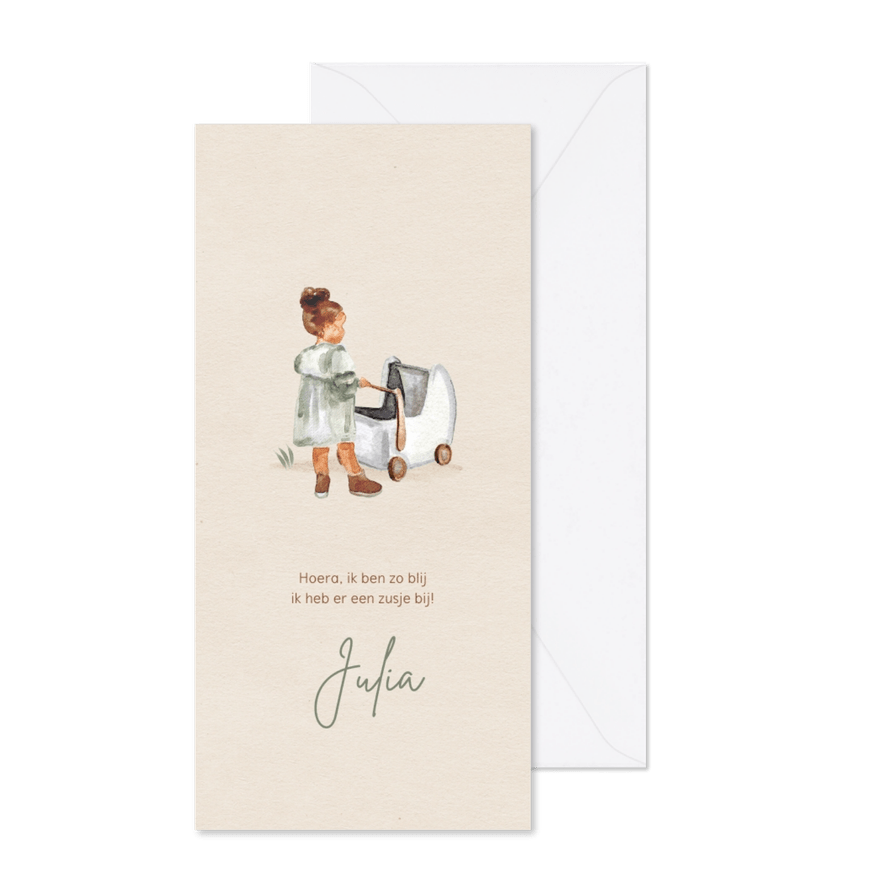 Getekend geboortekaartje tweede kind grote zus kinderwagen - Kaartimpressie