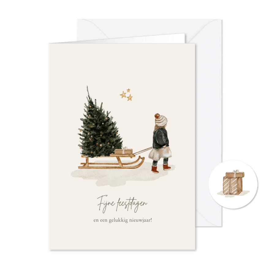 Getekende kerstkaart meisje met slee en kerstboom - Kaartimpressie