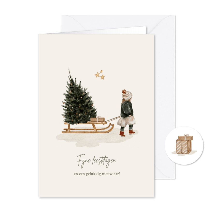 Getekende kerstkaart meisje met slee en kerstboom - Kaartimpressie