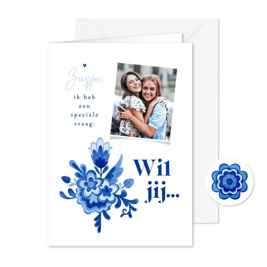 Getuige kaart delfts blauw bloemen stijlvol romantisch foto - Kaartimpressie