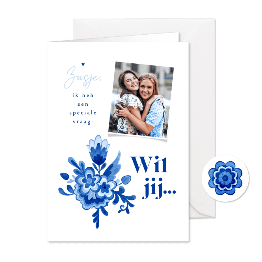 Getuige kaart delfts blauw bloemen stijlvol romantisch foto - Kaartimpressie