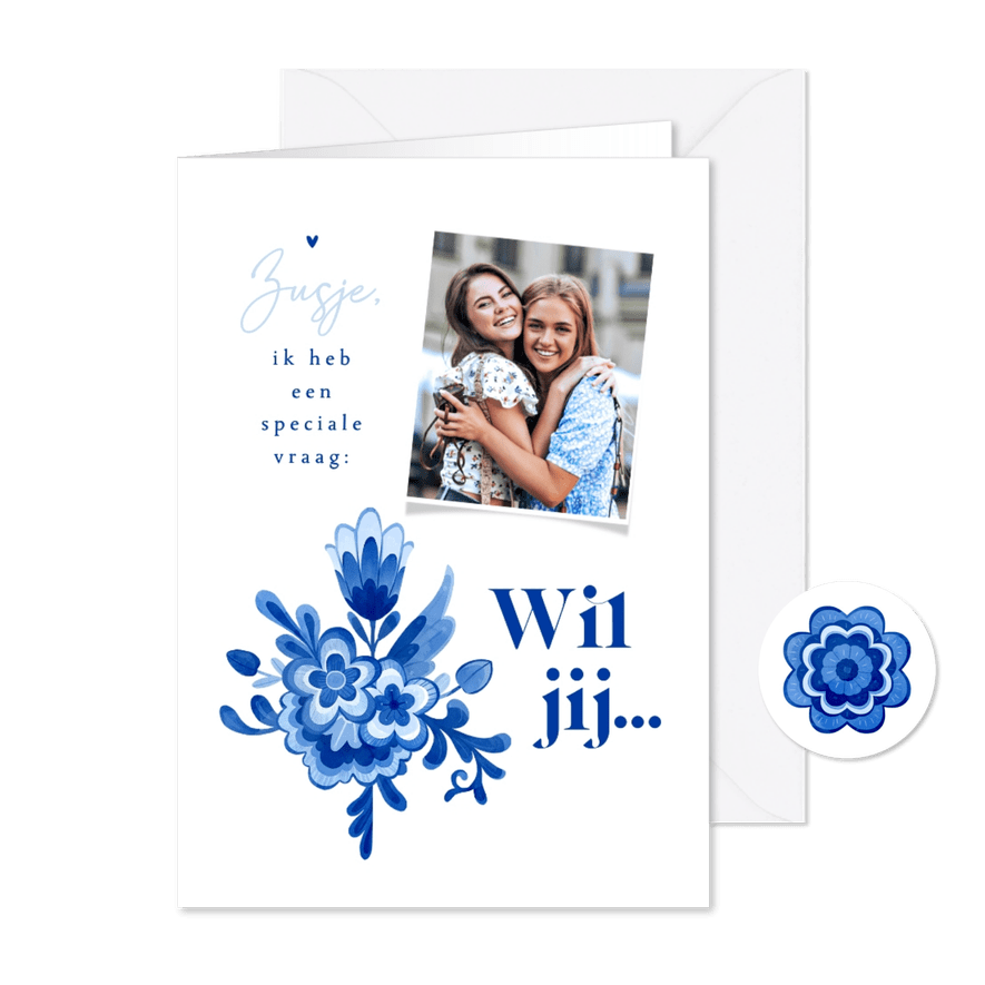 Getuige kaart delfts blauw bloemen stijlvol romantisch foto - Kaartimpressie