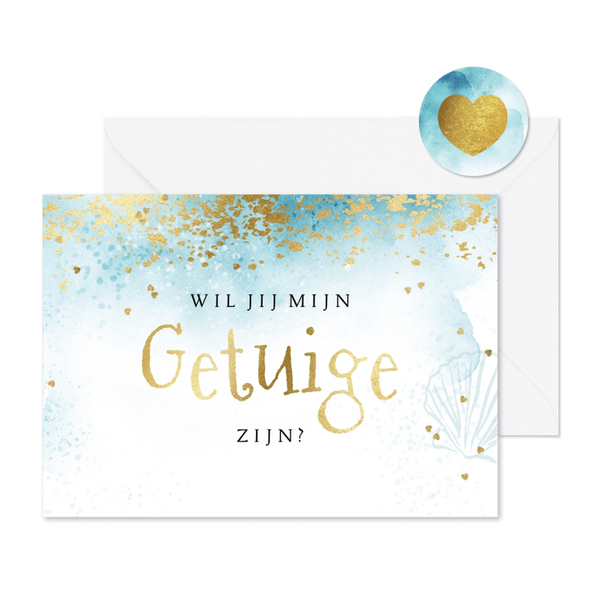 Getuige kaart strand watercolour hartjes goud schelp - Kaartimpressie