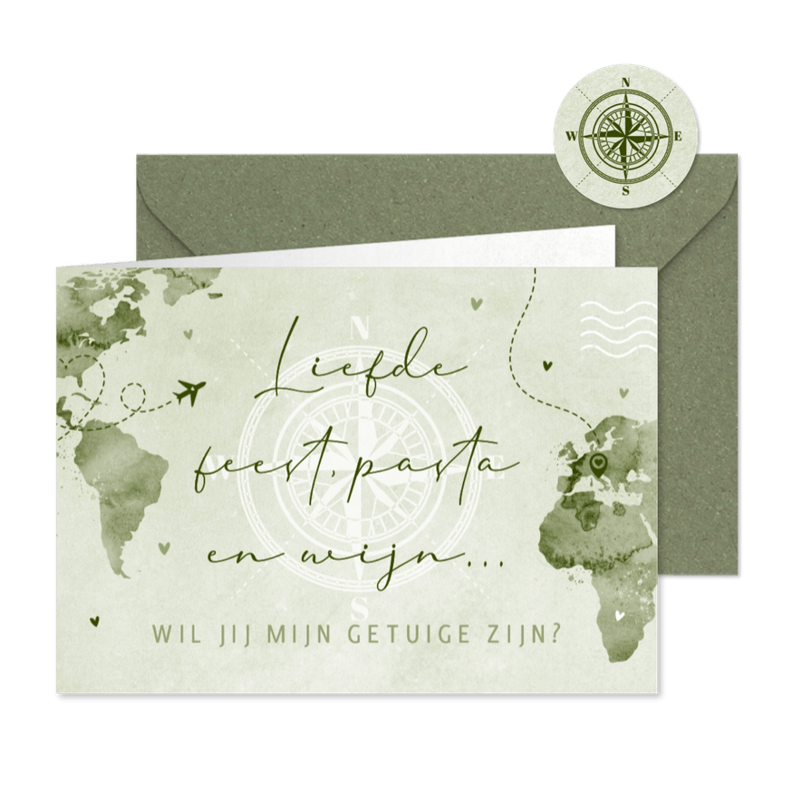 Getuige kaart wereldkaart waterverf groen hartjes kompas - Kaartimpressie