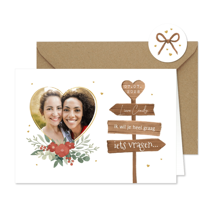Getuige trouwkaart hertengewei bloemen hartjes goud - Kaartimpressie
