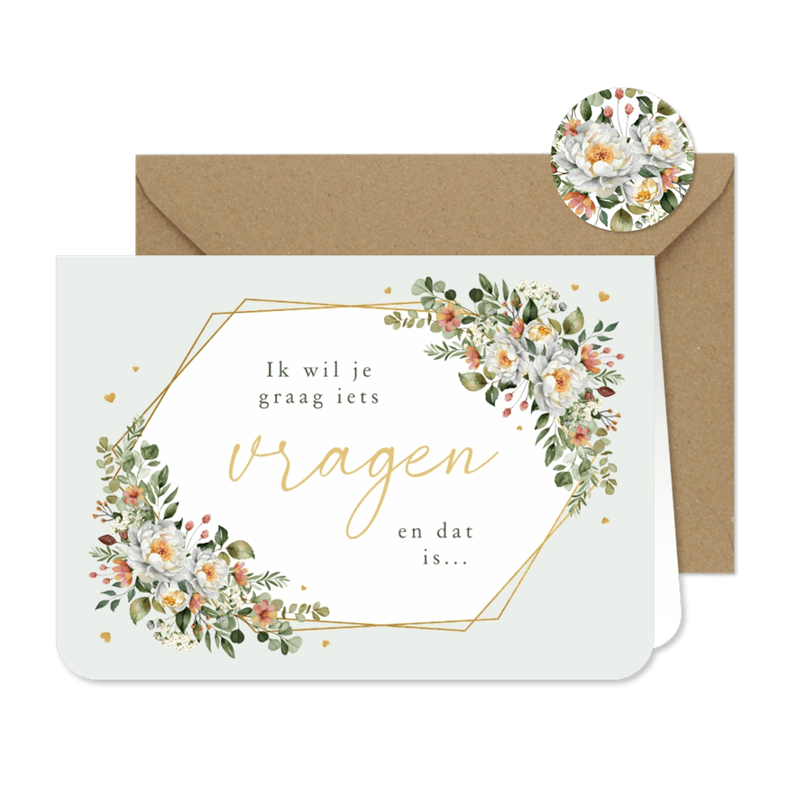 Getuige trouwkaart romantisch bloemen stijlvol hartjes goud - Kaartimpressie