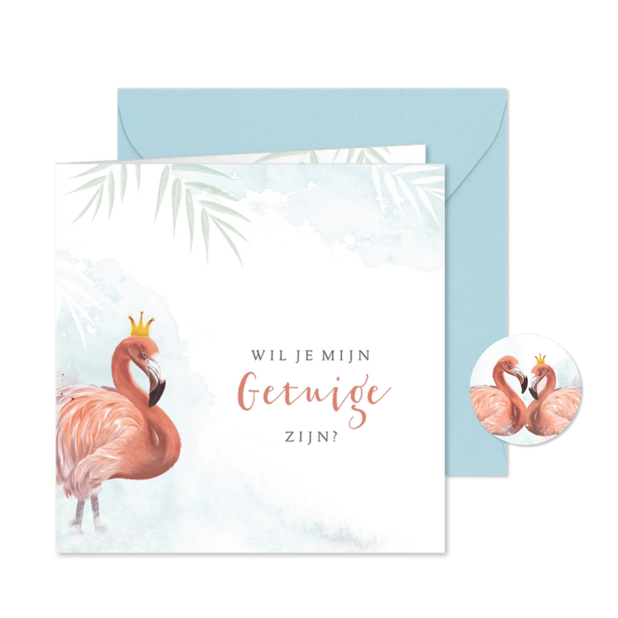 Getuigekaart bruiloft flamingo wil je mijn getuige zijn - Kaartimpressie