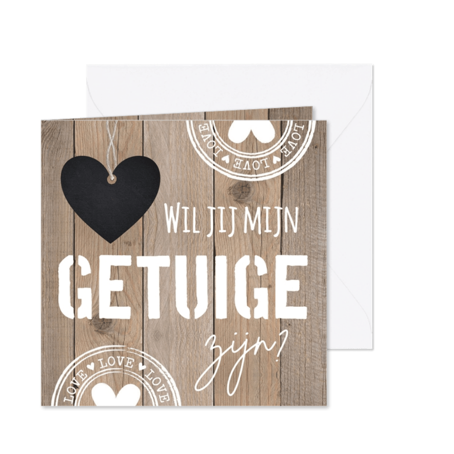 Getuigekaart typografie houtprint hartje - Kaartimpressie