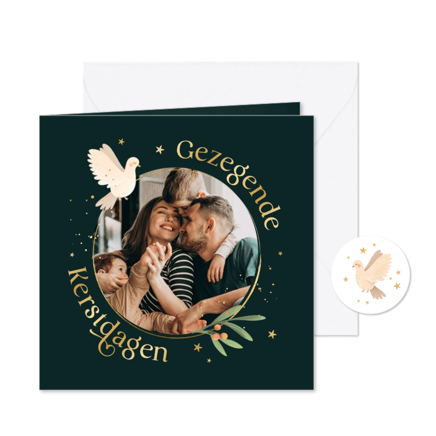 Gezegende kerstdagen foto vredesduif sterren goud - Kaartimpressie