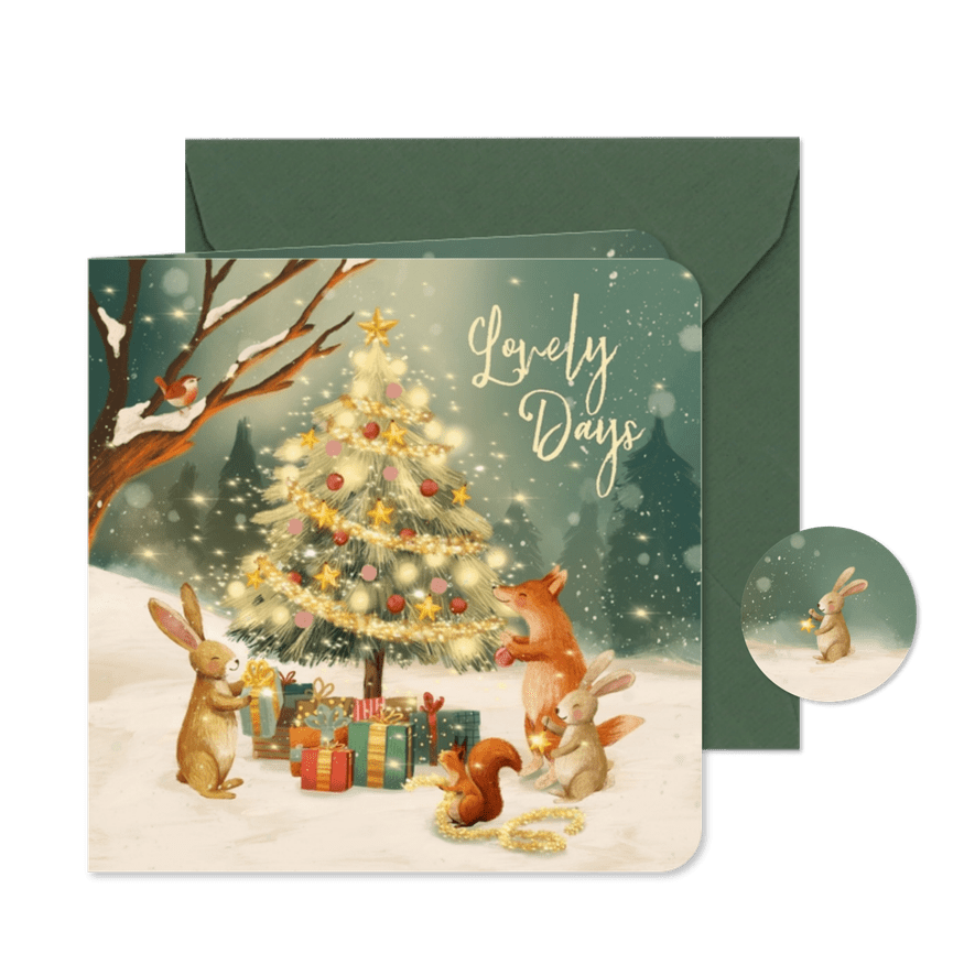 Gezellige en liefdevolle kerstkaart met dieren en kerstboom - Kaartimpressie