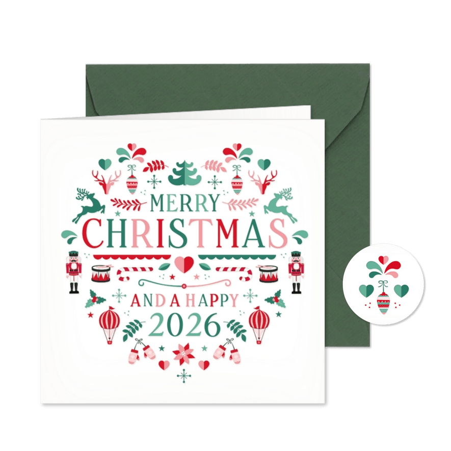 Gezellige kerstkaart met allerlei kerstdecoratie in hartvorm - Kaartimpressie