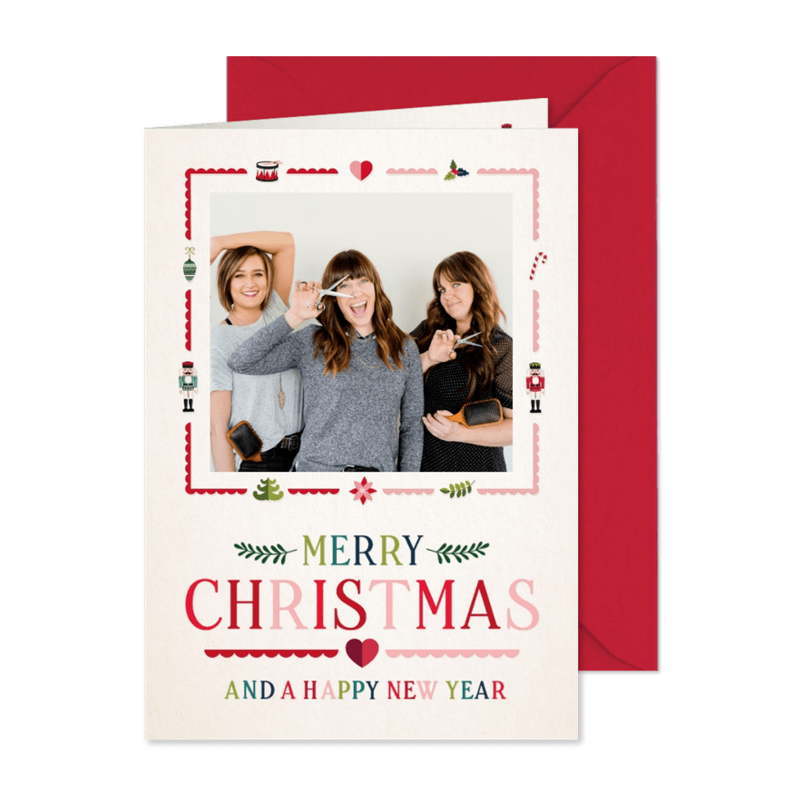 Gezellige zakelijke kerstkaart met foto en gekleurde letters - Kaartimpressie