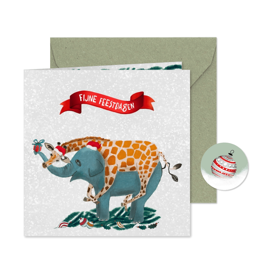 Giraffe knuffelt olifant tijdens kerst - Kaartimpressie