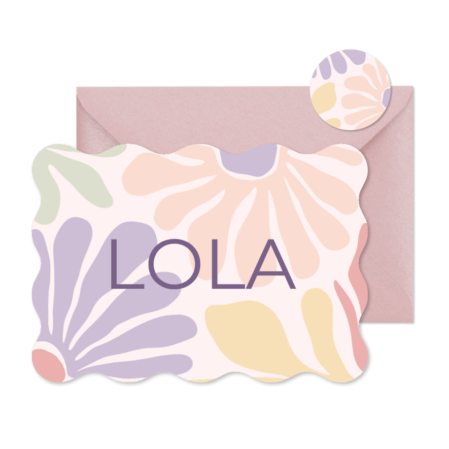 Golvend geboortekaartje abstracte bloemen kleurrijk - Kaartimpressie