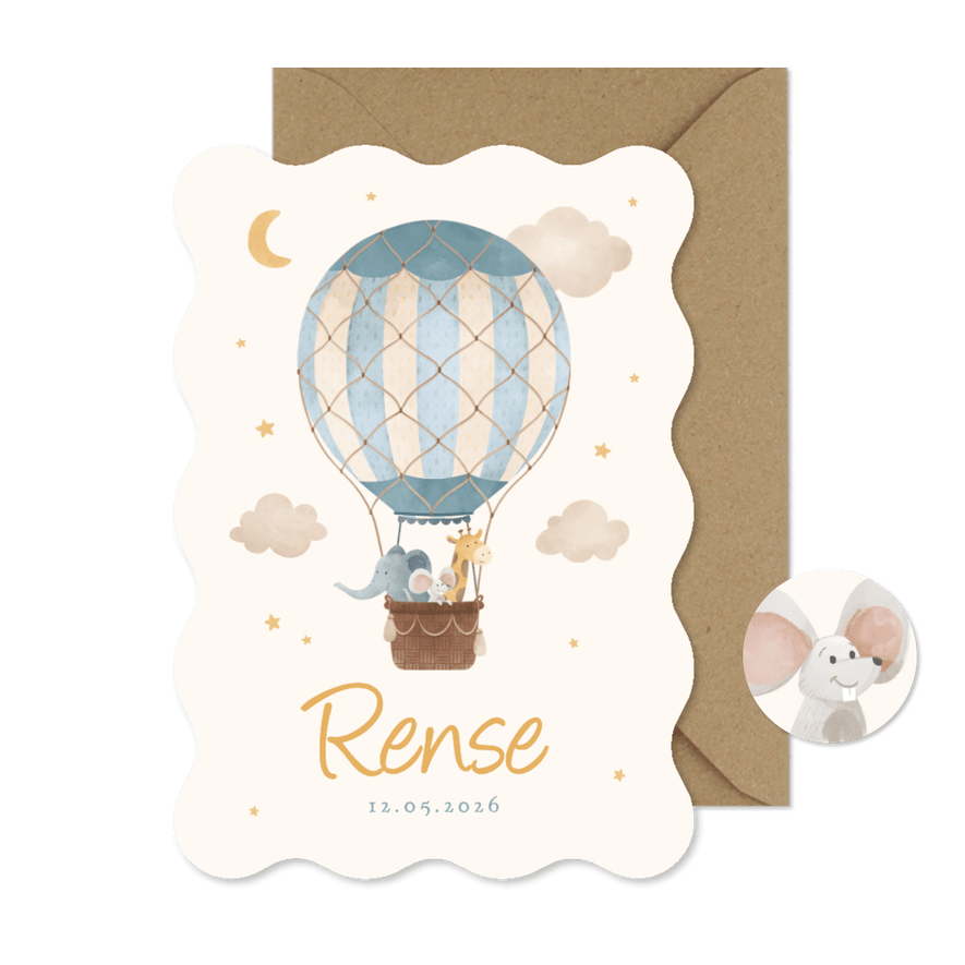 Golvend geboortekaartje blauwe luchtballon dieren sterren - Kaartimpressie